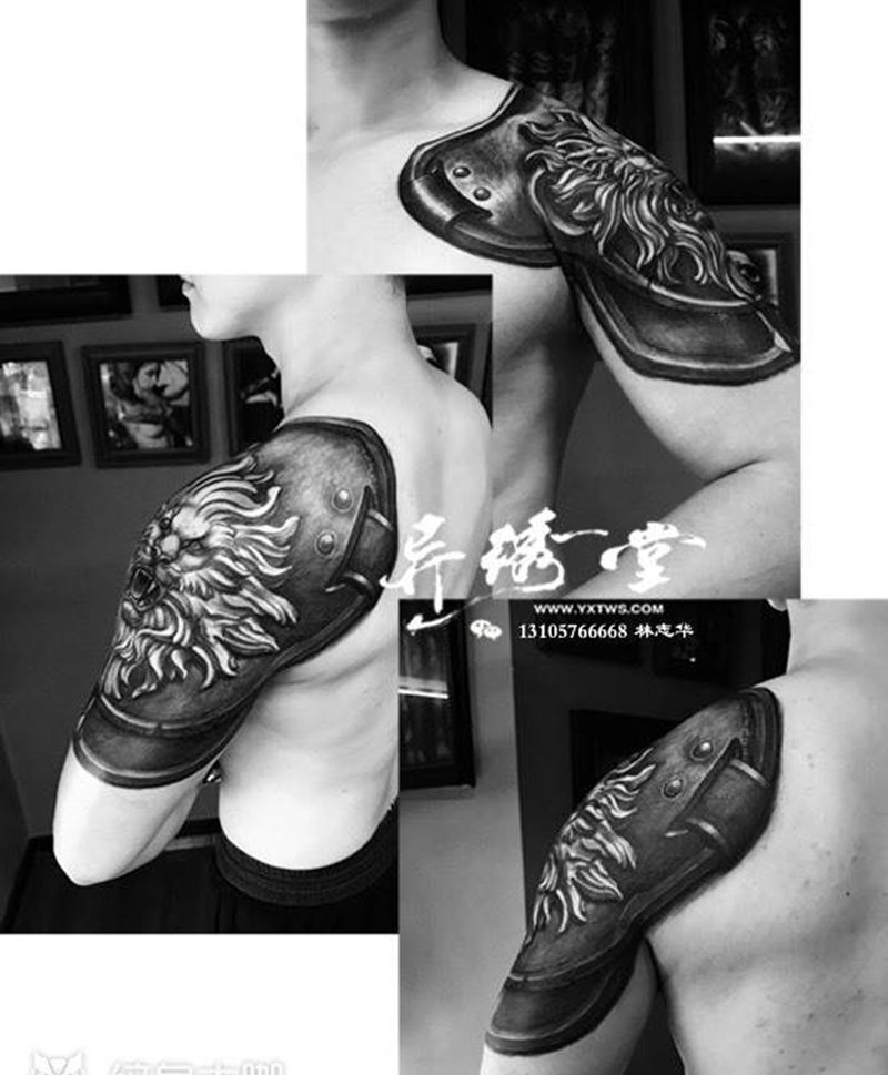 盔甲纹身图片_成品肩部手臂欧美传统动物静物图腾原创纹身图案