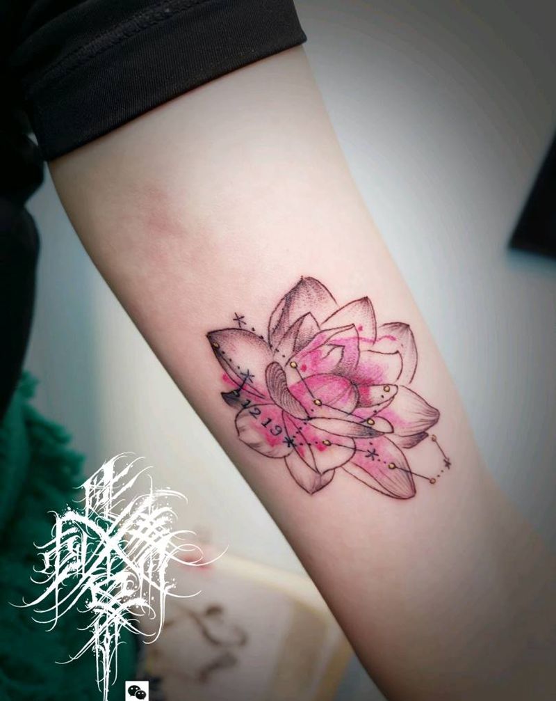 莲花星座生日纹身图片_手臂水彩几何纹身图案