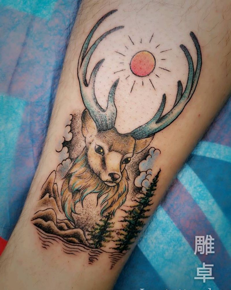 麋鹿纹身图片_腿部New School鹿纹身图案