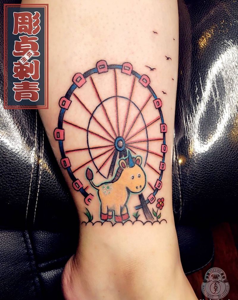 摩天轮纹身图片_成品脚部清新欧美修改遮盖摩天轮独角兽纹身图案
