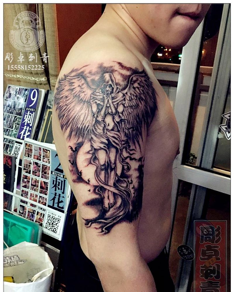 大天使纹身图片_成品手臂欧美宗教大天使纹身图案