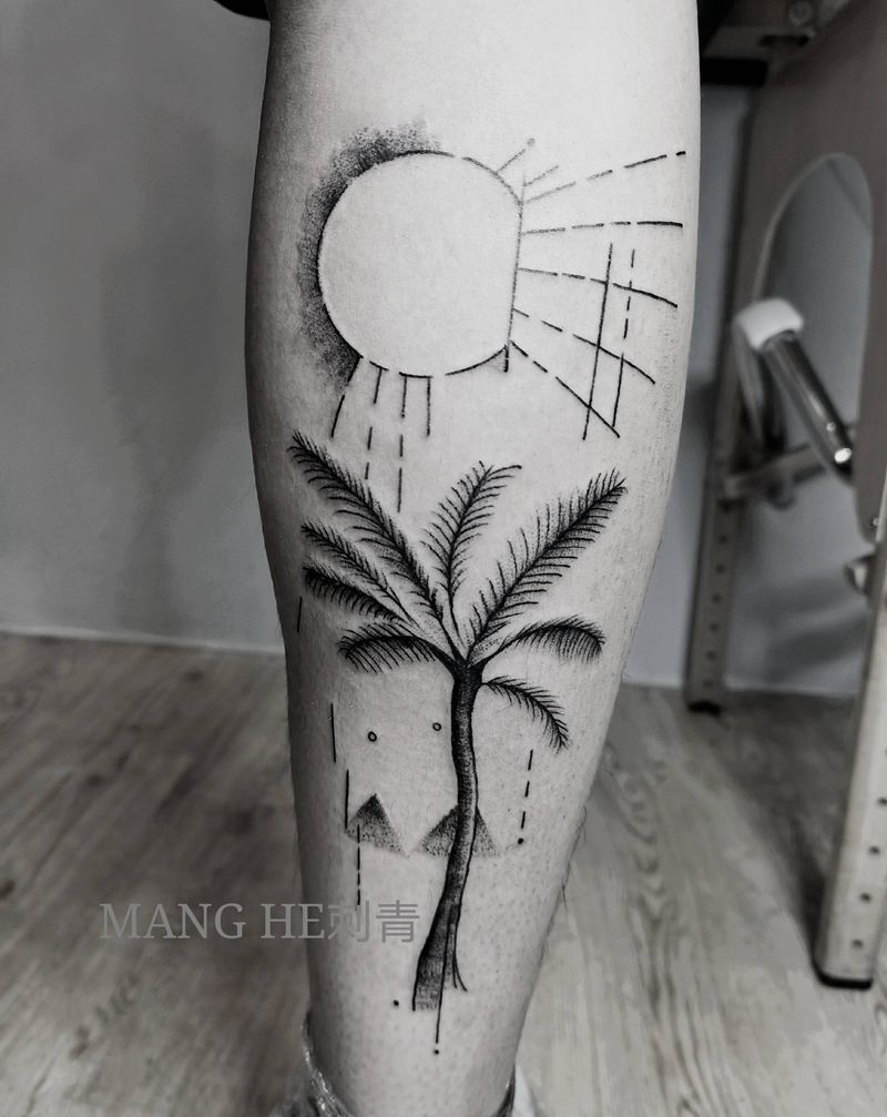 椰子树纹身图片_腿部几何点刺纹身图案