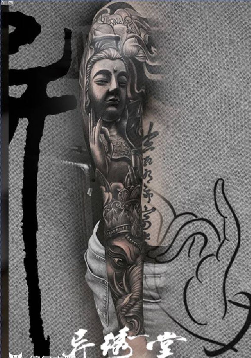 普贤菩萨 六牙象 花臂纹身图片_成品手臂手部传统习俗肖像动物人物鬼神宗教纹身图案