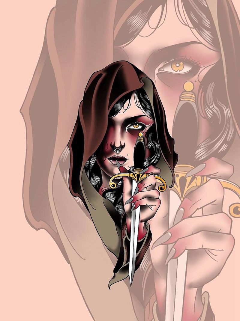 欧洲新传统手稿纹身图片_手臂腿部New School新传统女人匕首纹身图案