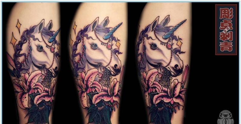 独角兽遮盖纹身图片_成品腿部欧美动物修改遮盖独角兽纹身图案