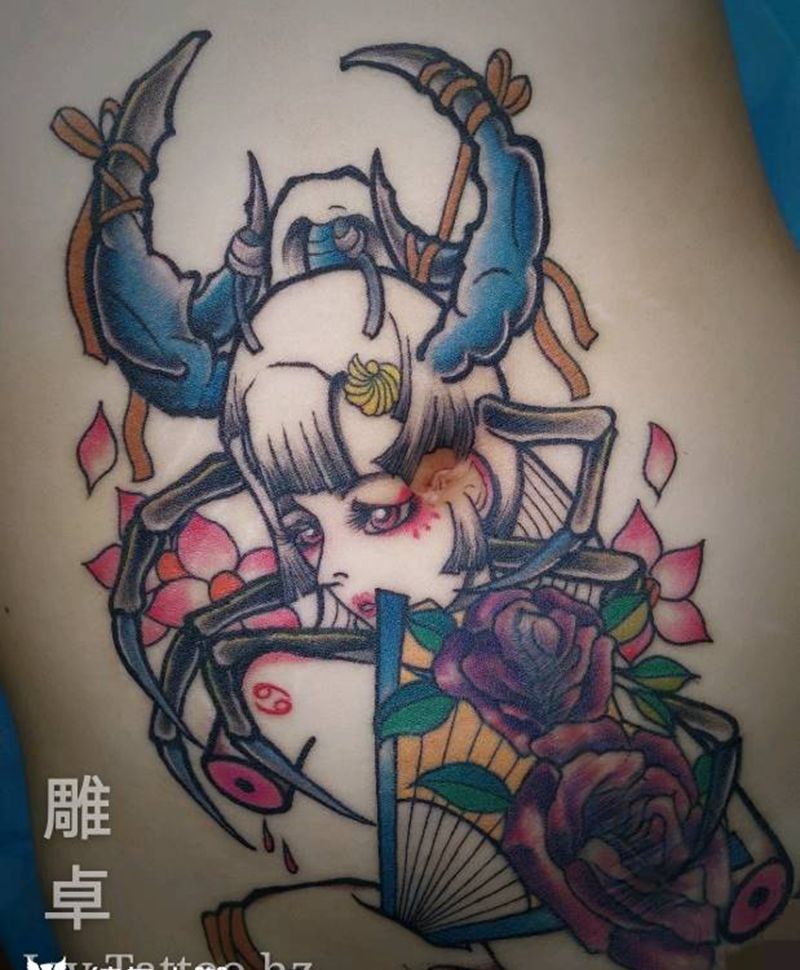 巨蟹座孕疤遮盖修复纹身图片_腹部New SchoolOld School孕疤遮盖巨蟹座纹身图案