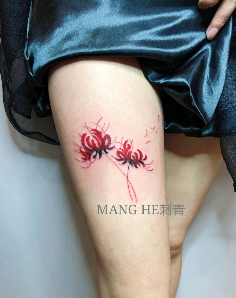 彼岸花纹身图片_腿部水彩纹身图案