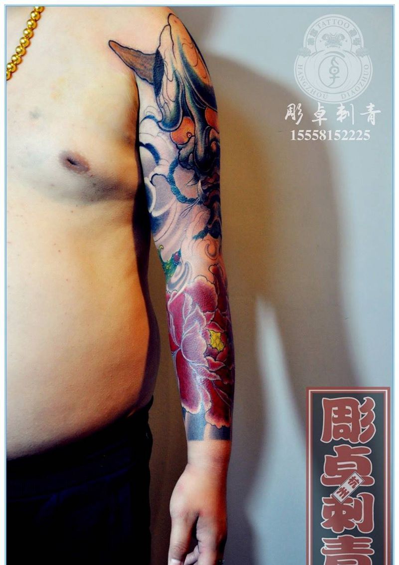 般若牡丹花臂纹身图片_成品手臂传统般若花臂牡丹杭州纹身图案