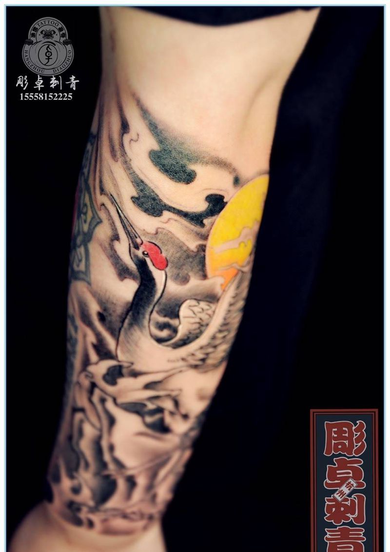 鹤小臂添加纹身图片_成品手臂传统动物仙鹤纹身图案