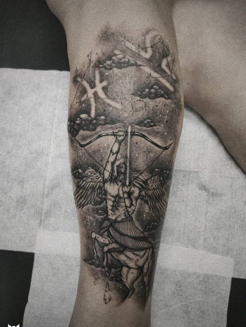 黑灰射手座纹身图片_腿部欧美写实射手座纹身图案