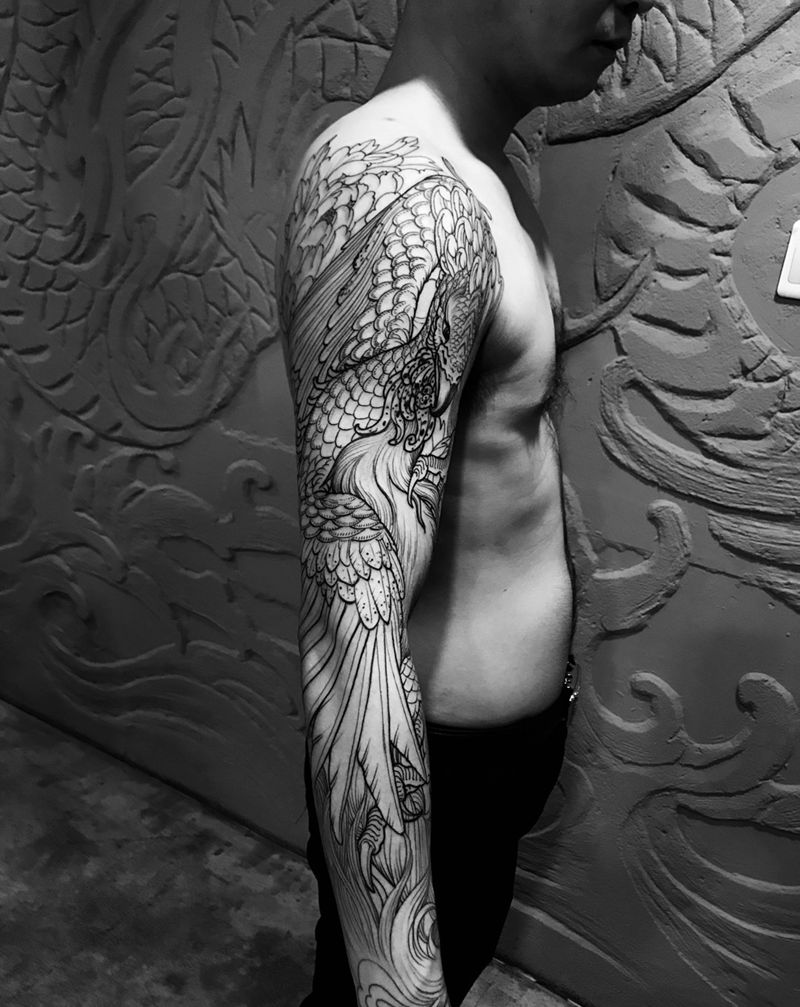 今日凤凰纹身图片_成品腿部脚部贴纸传统国画背部肩部插画植物纹身图案