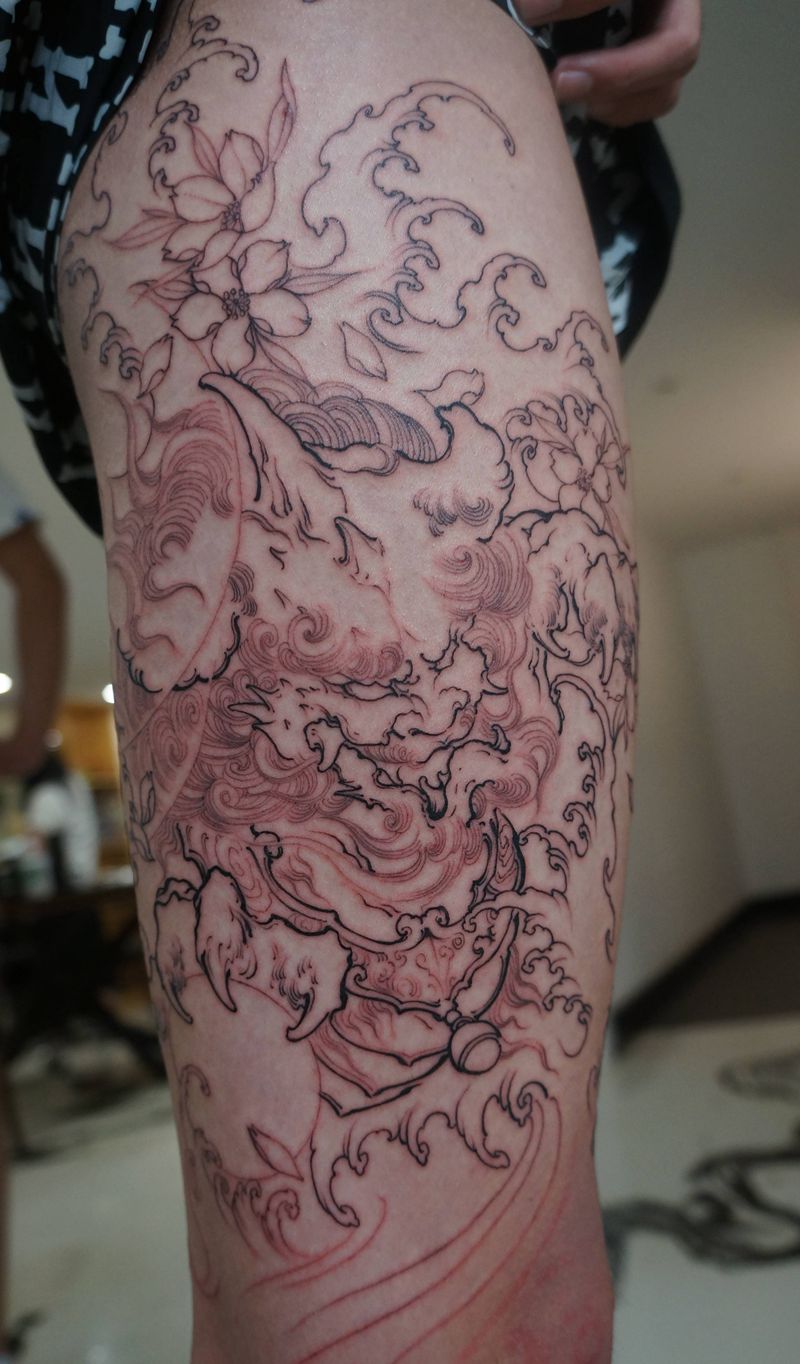 唐狮线稿纹身图片_腿部新传统纹身图案