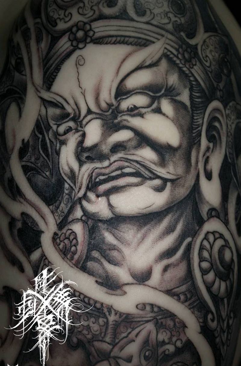 黄财神纹身图片_手臂新传统黄财神纹身图案