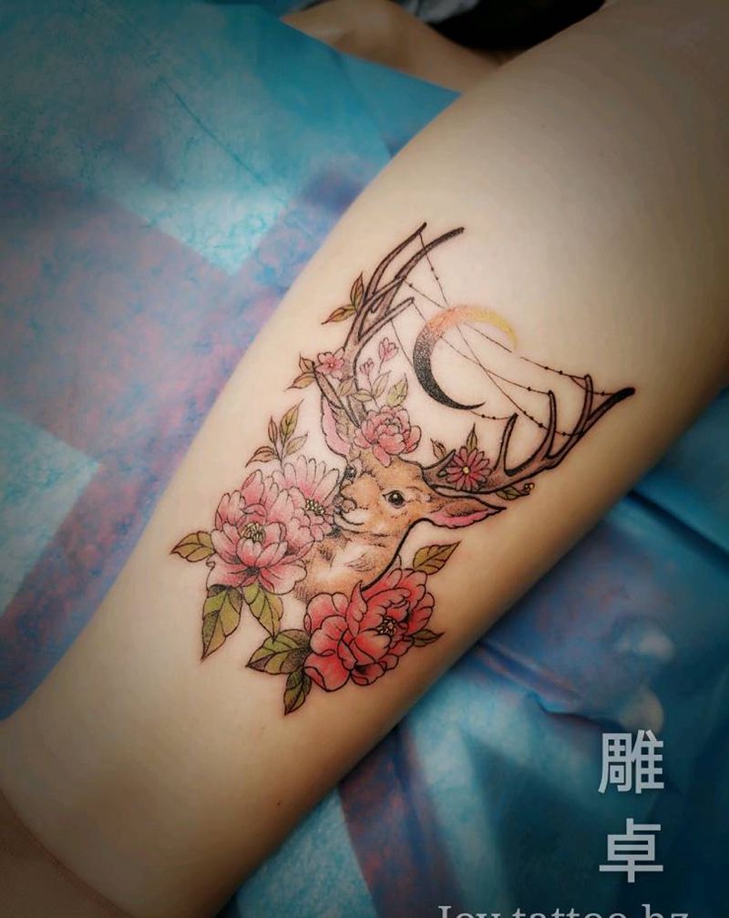 麋鹿纹身图片_腿部New School鹿纹身图案