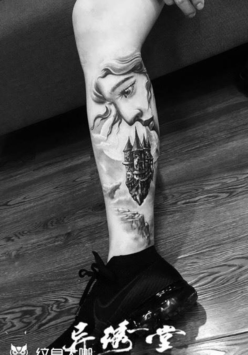 遮盖纹身纹身图片_腿部人物欧美肖像插画成品原创纹身图案