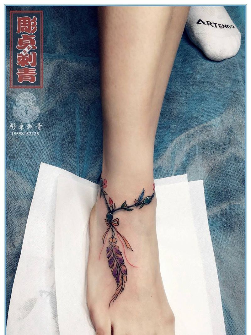 脚链修改纹身图片_成品脚部清新植物脚链纹身图案