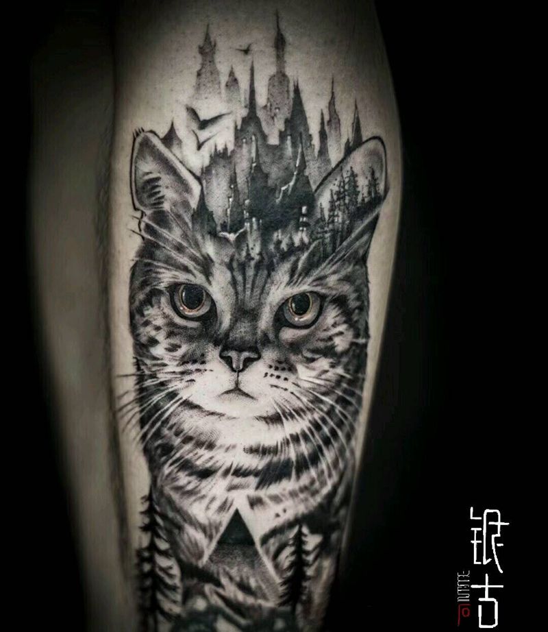 猫 添加纹身图片_腿部欧美写实猫暗黑写实纹身图案