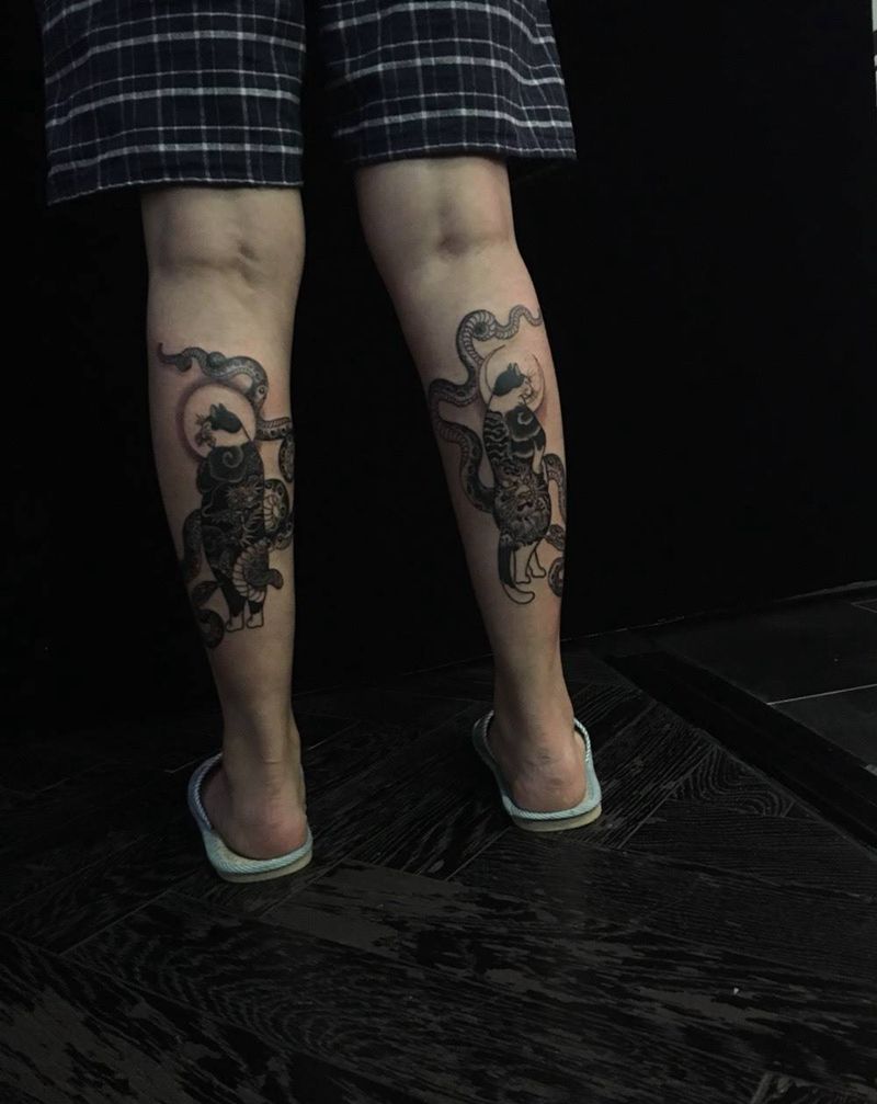 日式纹身猫纹身图片_成品腿部传统动物鬼神宗教纹身图案