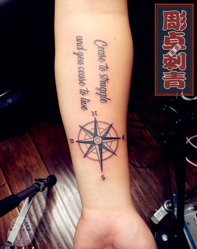 英文指南针纹身图片_成品手臂欧美英文指南针纹身图案