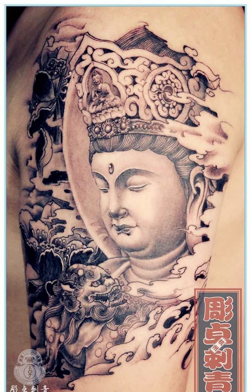 文殊菩萨纹身图片_成品手臂传统宗教佛像文殊菩萨纹身图案