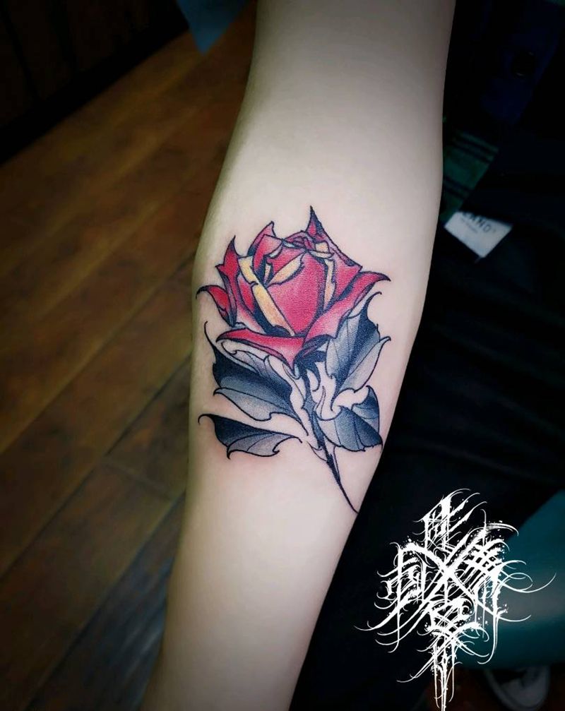 玫瑰纹身图片_手臂New School玫瑰纹身图案