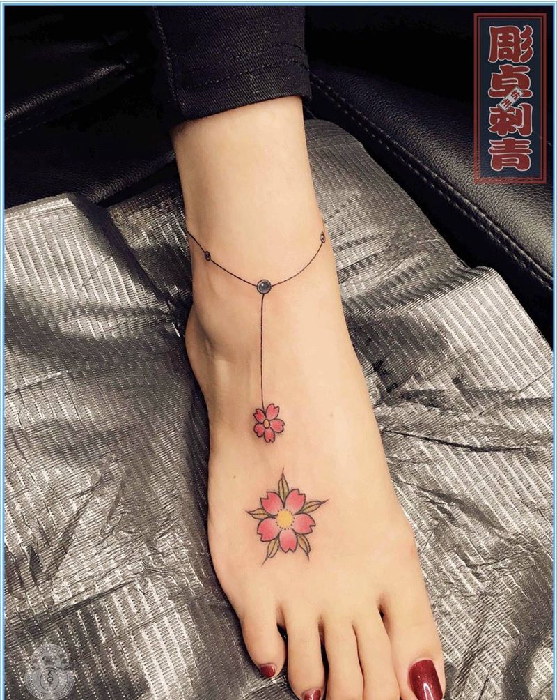 脚链樱花纹身图片_成品脚部清新原创植物樱花脚链纹身图案