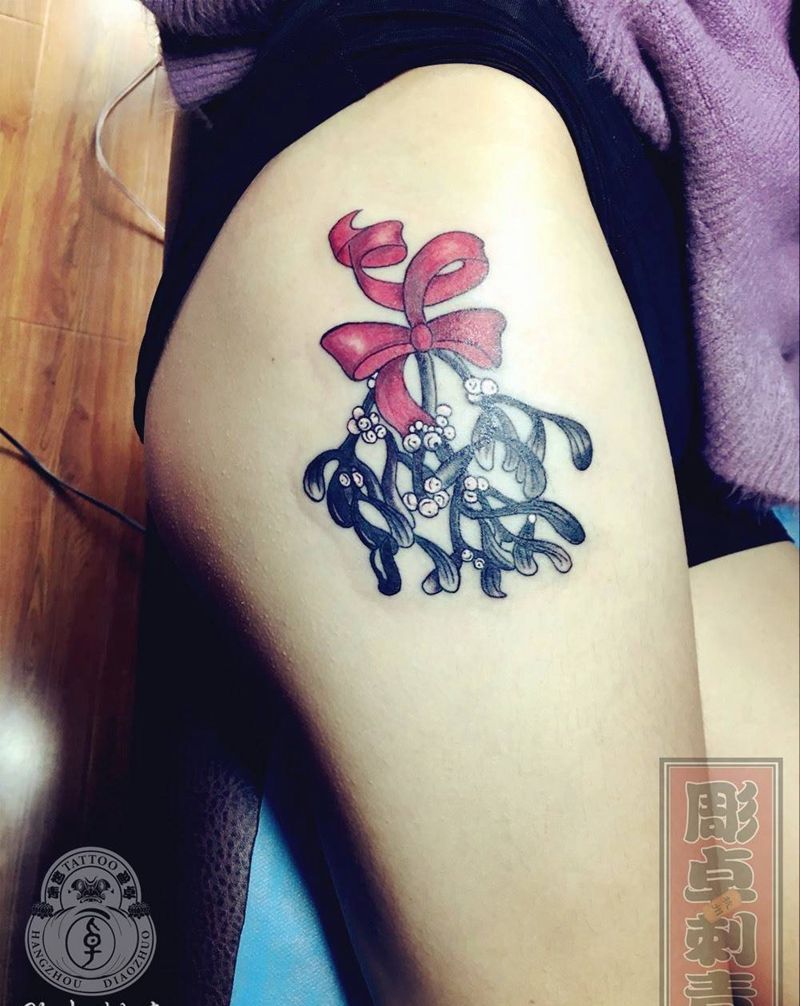 大腿铃铛纹身图片_成品腿部欧美静物性感杭州纹身图案