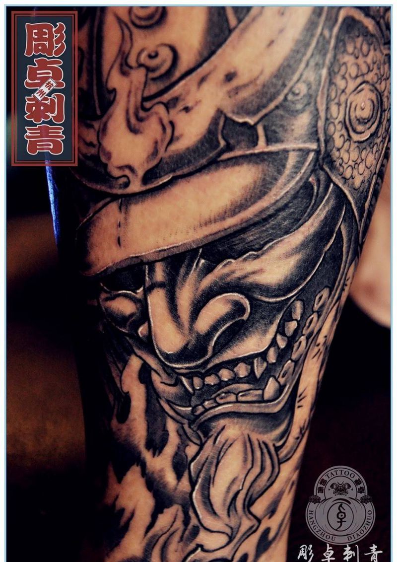 小腿鬼武士纹身图片_成品腿部传统鬼神杭州鬼武士日本武士纹身图案