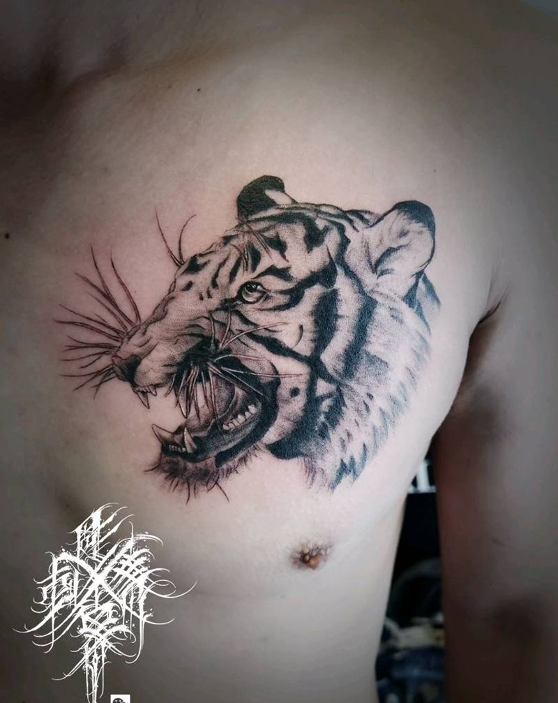 老虎纹身图片_胸部新传统纹身图案