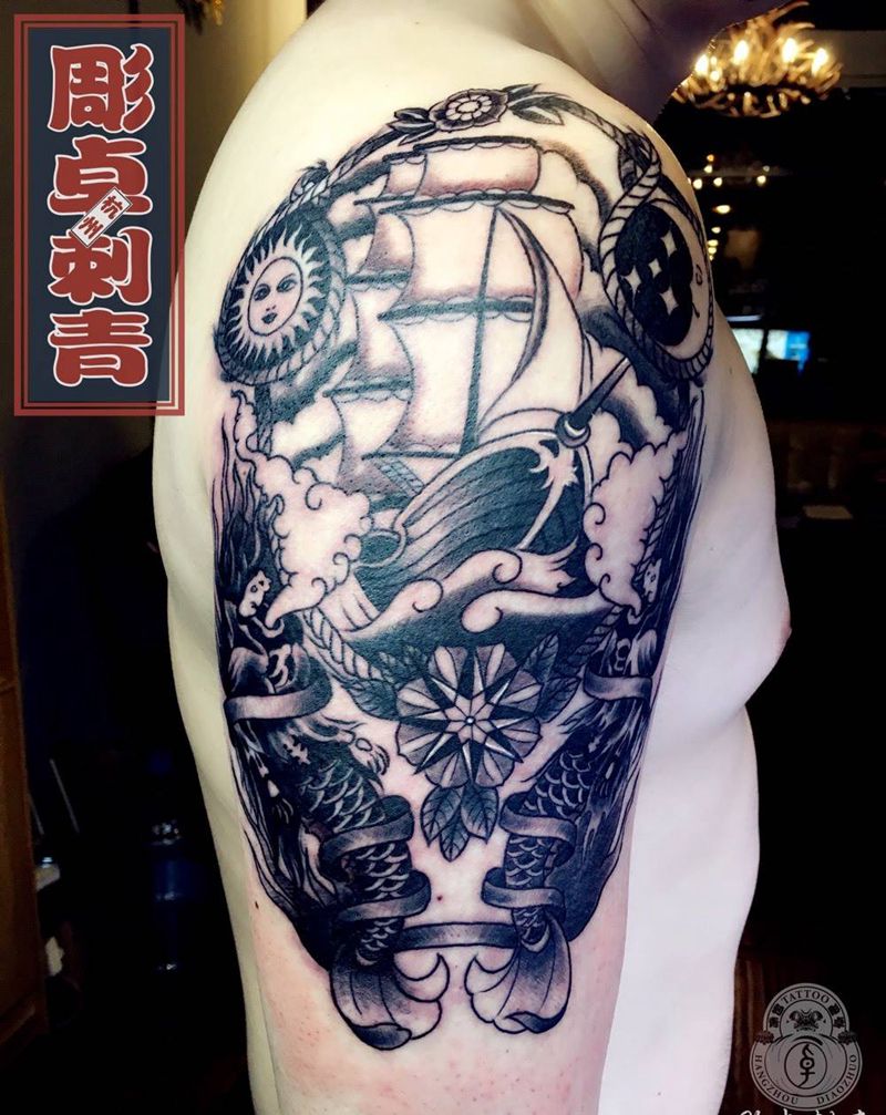 帆船纹身图片_成品手臂欧美帆船纹身图案