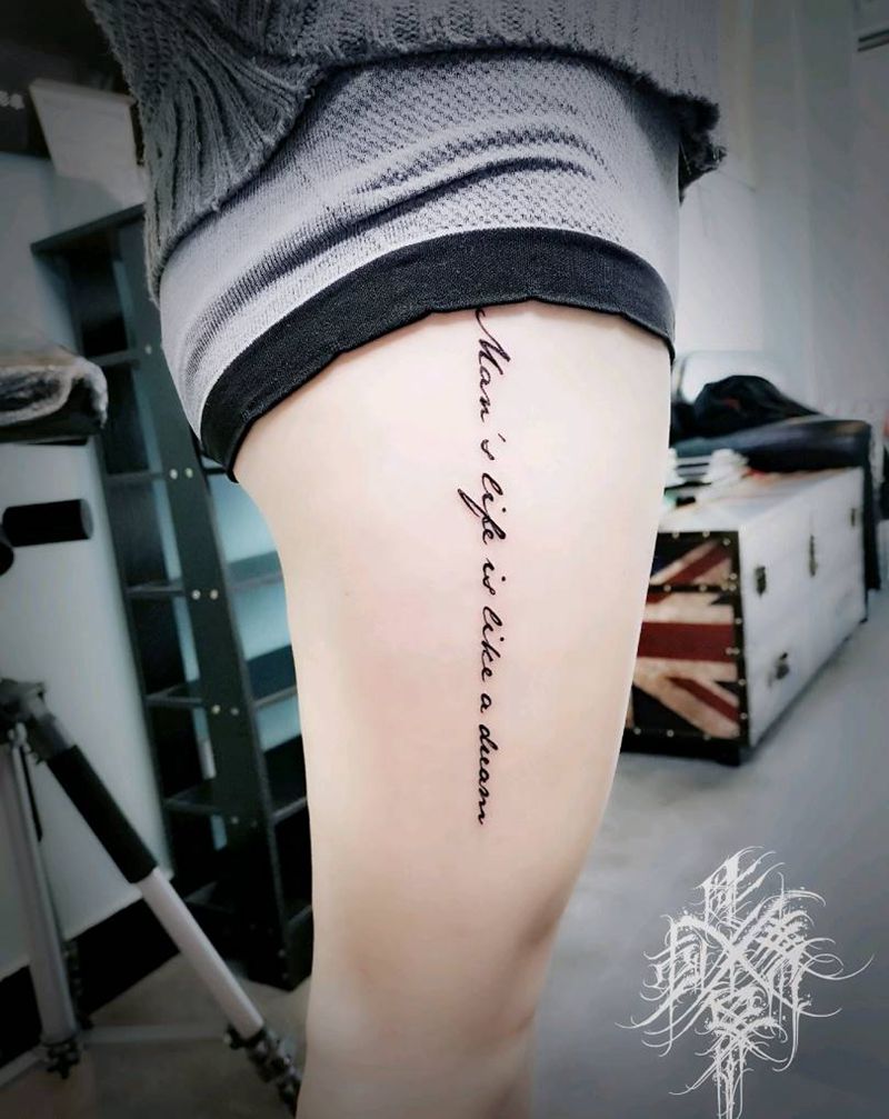 腿部英文纹身图片_腿部花体字纹身图案