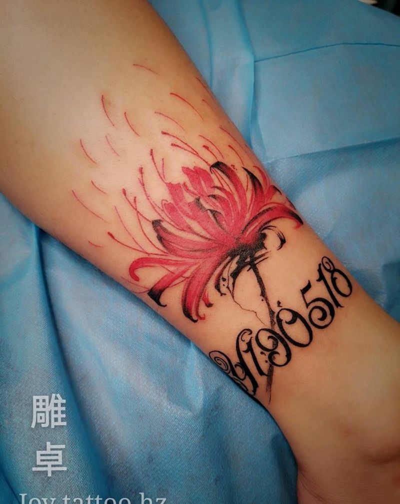 脚踝彼岸花纹身图片_腿部脚部水彩彼岸花纹身图案