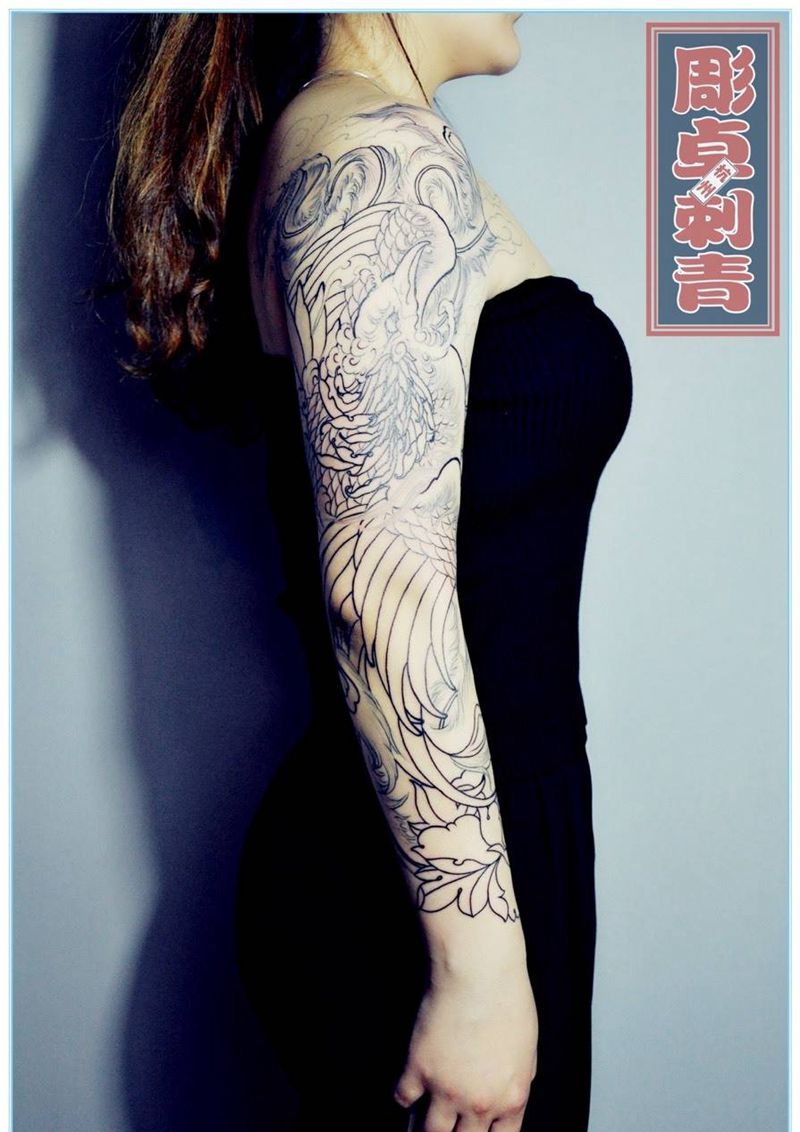 凤凰花臂线条纹身图片_成品手臂传统原创花臂杭州线条凤凰纹身图案