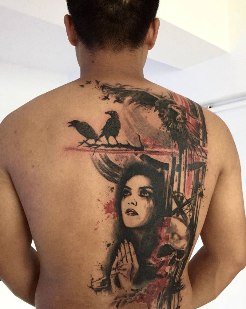 抽象概念暗黑风格纹身图片_成品背部欧美宗教静物人物几何抽象纹身图案