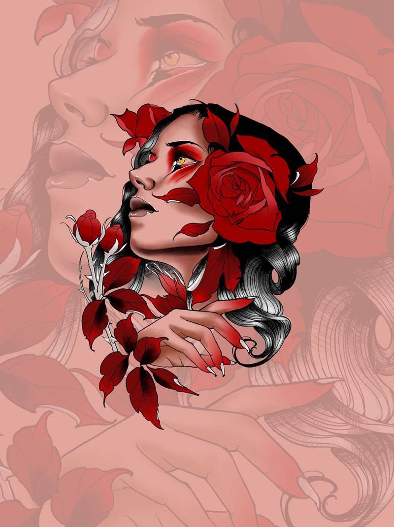 欧洲新传统练习纹身图片_手臂腿部New School新传统女人玫瑰纹身图案