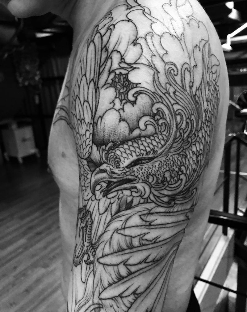 花臂凤凰 传统纹身图片_欧美传统习俗肖像清新国画贴纸动物几何纹身图案