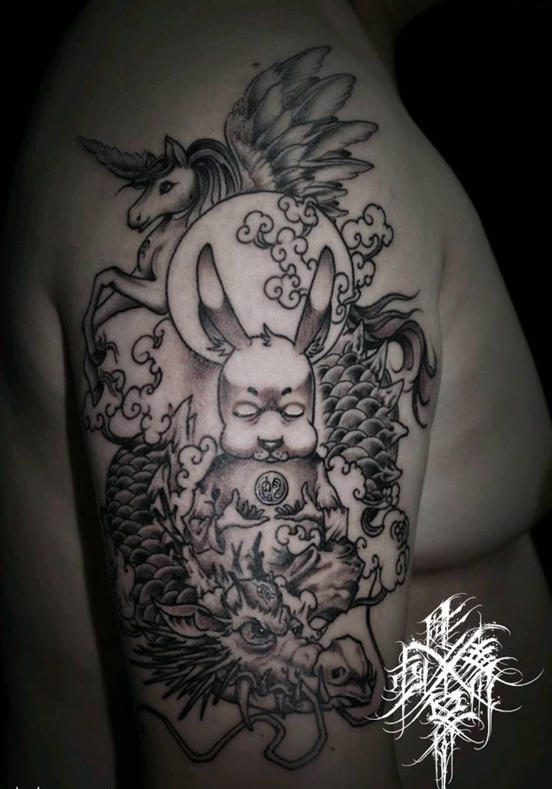 守护纹身图片_手臂New School新传统兔 龙 马纹身图案