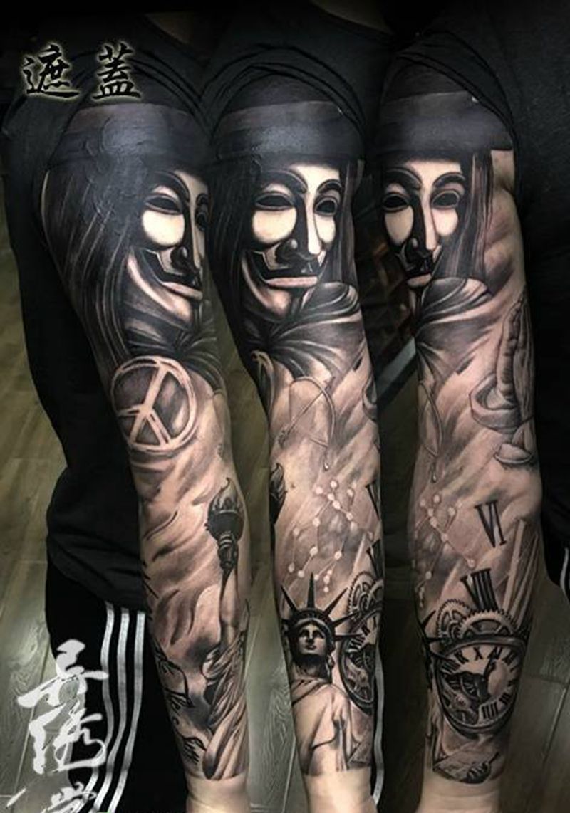 V字仇杀队 自由女神花臂纹身图片_成品手稿插画颈部肩部胸部腹部腰部背部臀部纹身图案