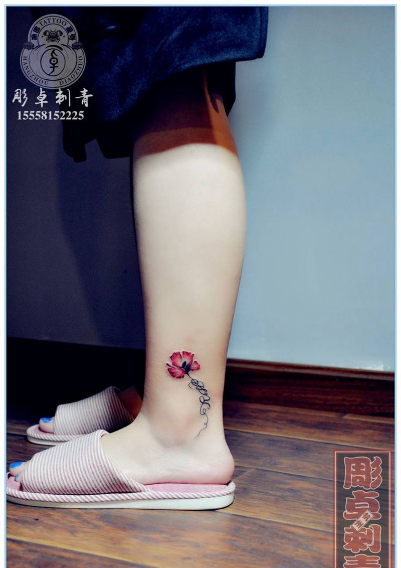 水墨花&英文纹身图片_成品脚部手臂欧美国画清新静物字符杭州英文纹身图案