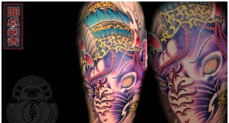 定制象神纹身图片_成品手臂传统鬼神宗教象神纹身图案