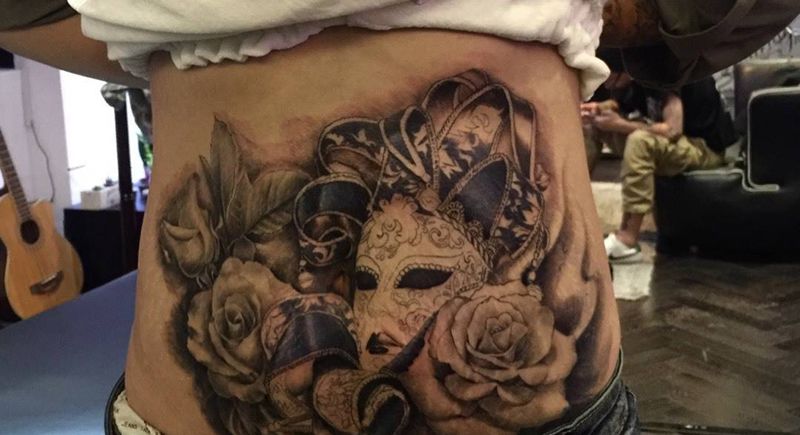 欧美面具纹身纹身图片_成品腹部欧美写实人物原创静物欧美素描欧美写实纹身图案