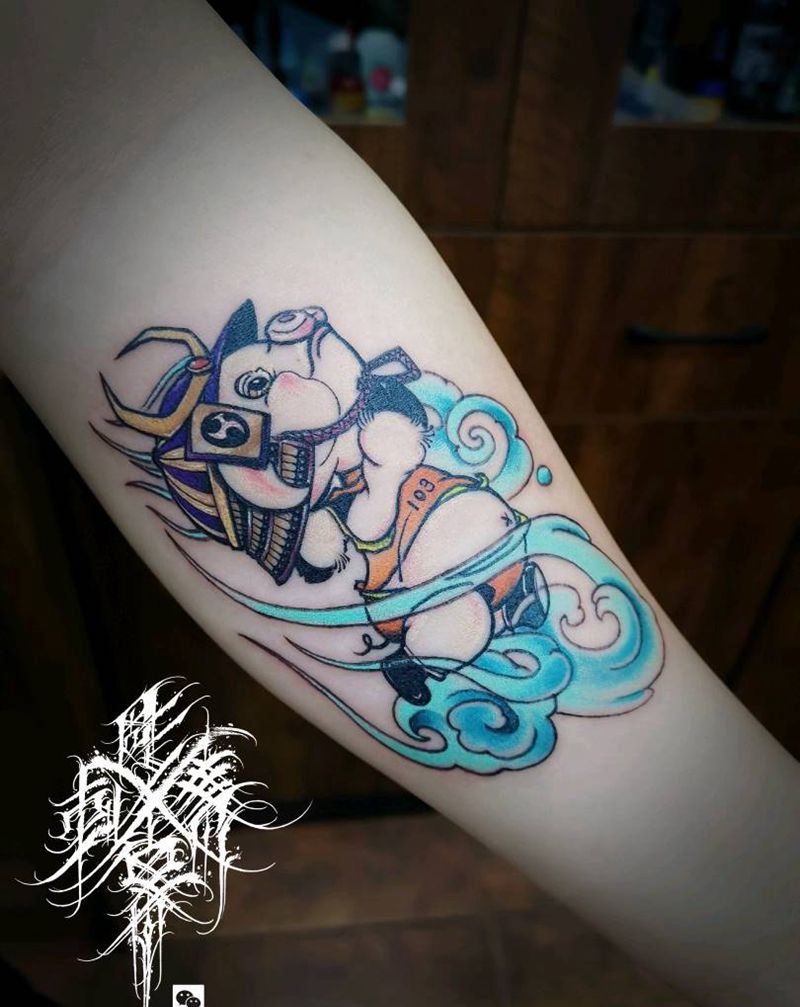 猪超人纹身图片_手臂New School猪纹身图案