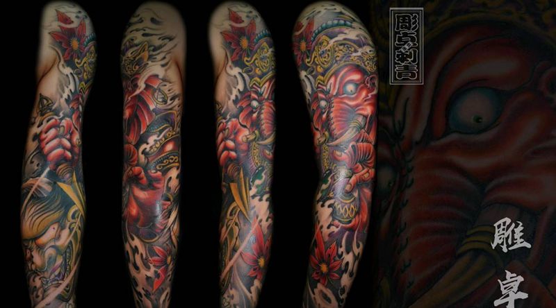 象神般若花臂纹身图片_手臂新传统象神般若花臂纹身图案