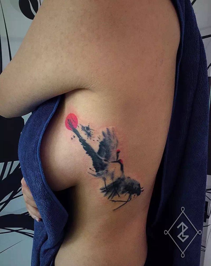 水墨鹤纹身纹身图片_成品胸部传统清新静物原创纹身图案