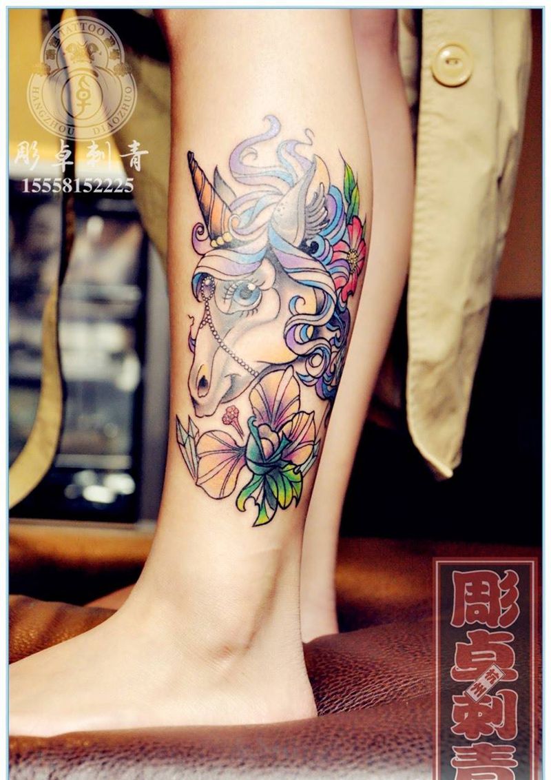 脚踝独角兽纹身图片_成品脚部欧美动物Schoo 独角兽修改遮盖杭州纹身图案