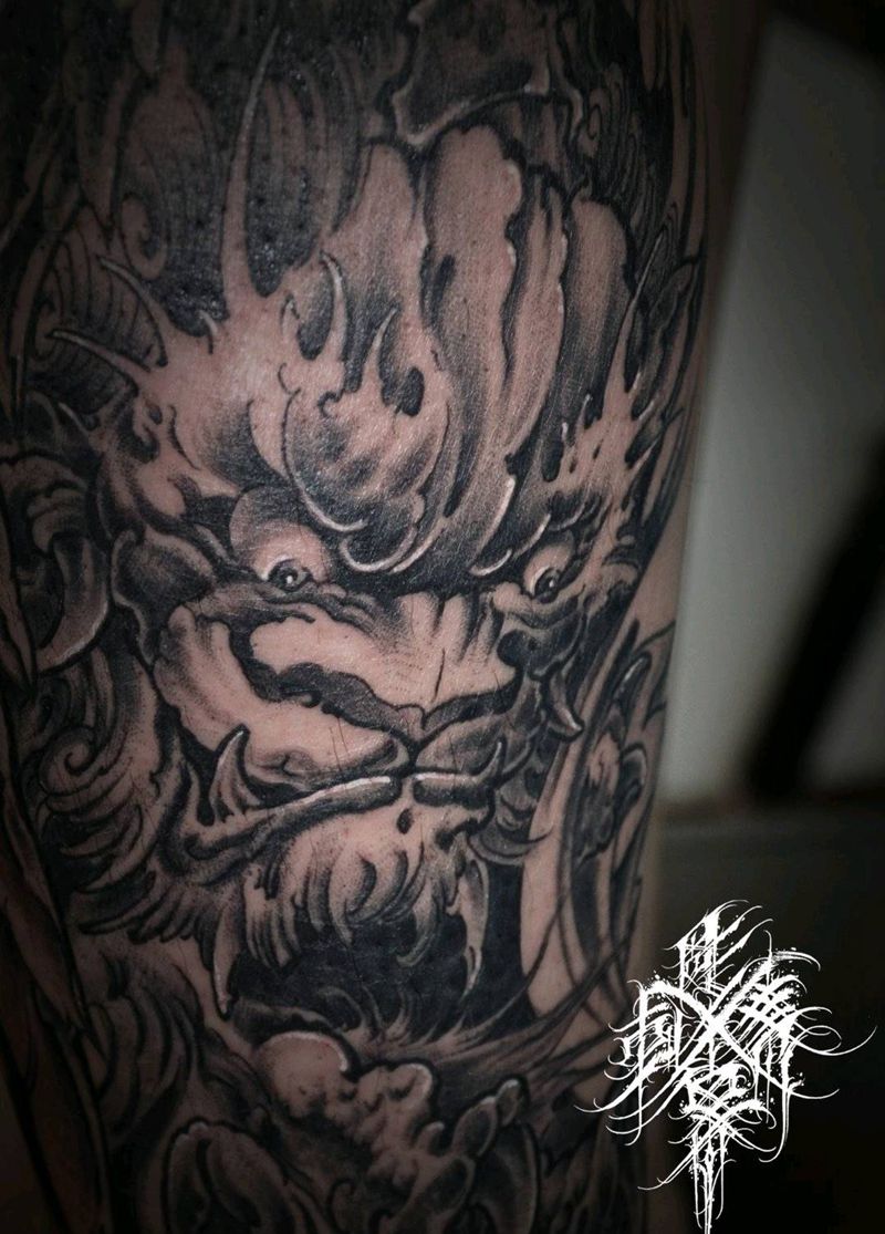 招财貔貅纹身图片_腿部新传统貔貅纹身图案