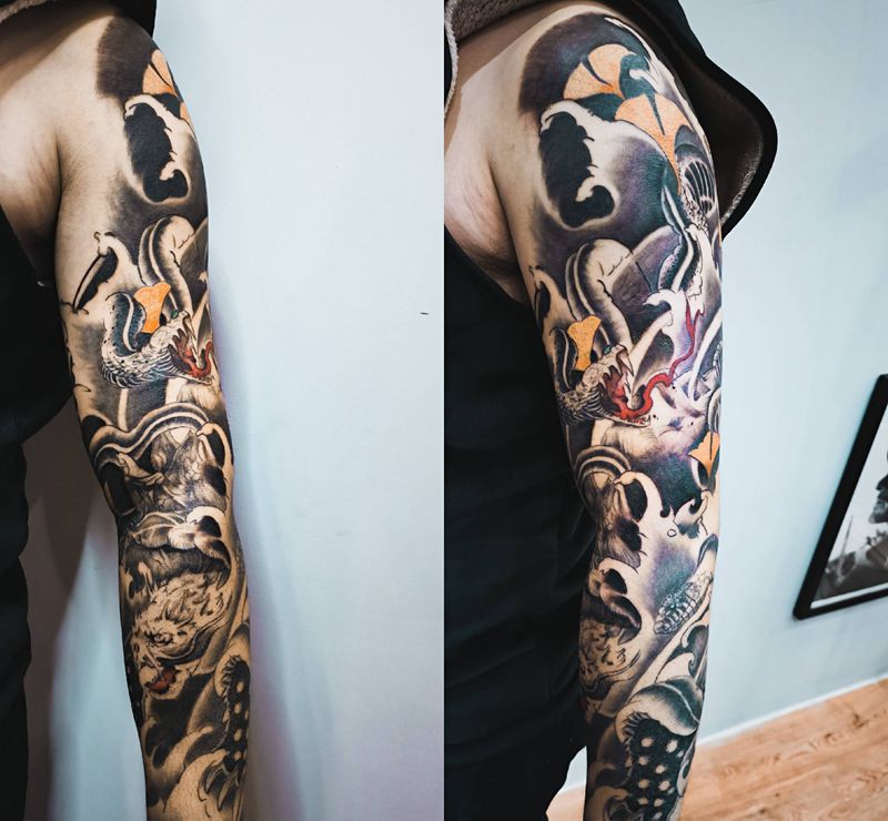 玄武花臂纹身图片_手臂新传统纹身图案