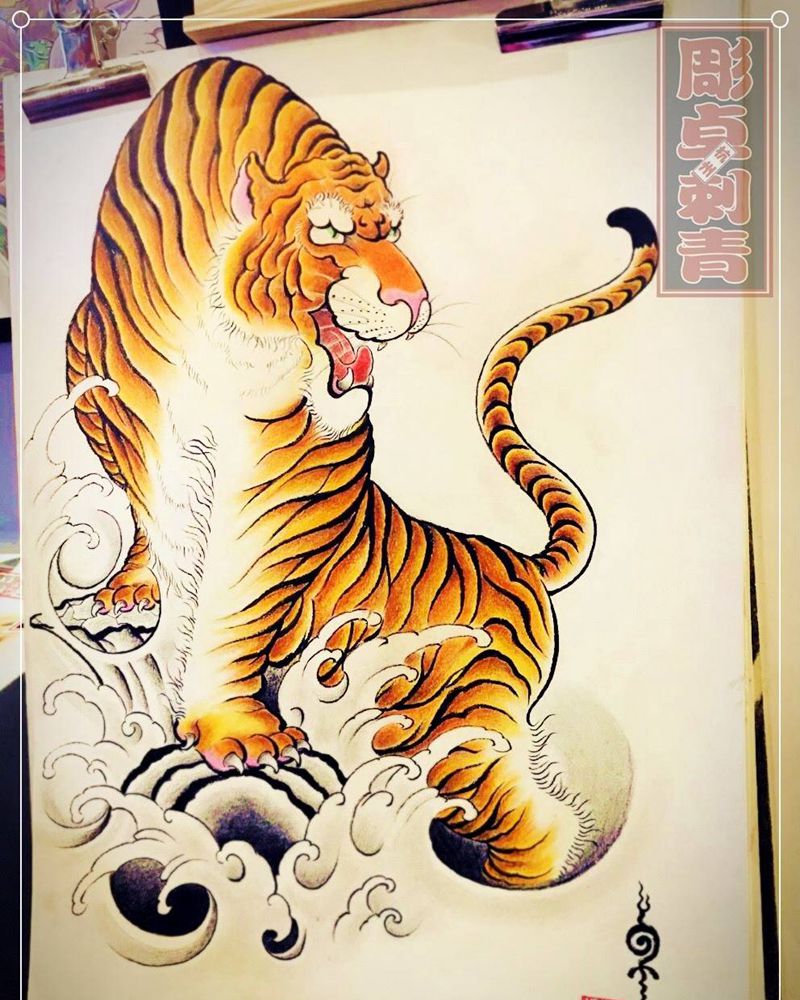 老虎手稿纹身图片_手稿背部传统动物原创老虎杭州纹身图案