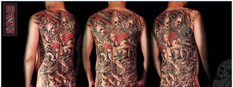 满背大黑天纹身图片_成品背部传统鬼神宗教满背大黑天纹身图案