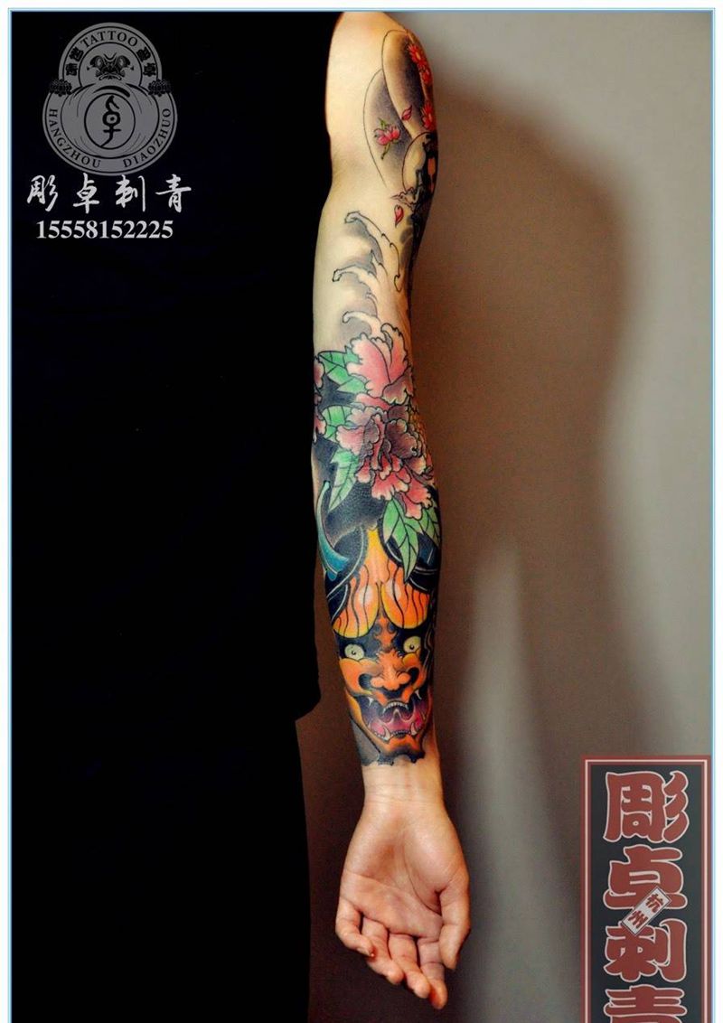 改造般若花臂纹身图片_成品手臂传统鬼神人物花臂般若牡丹艺妓杭州纹身图案